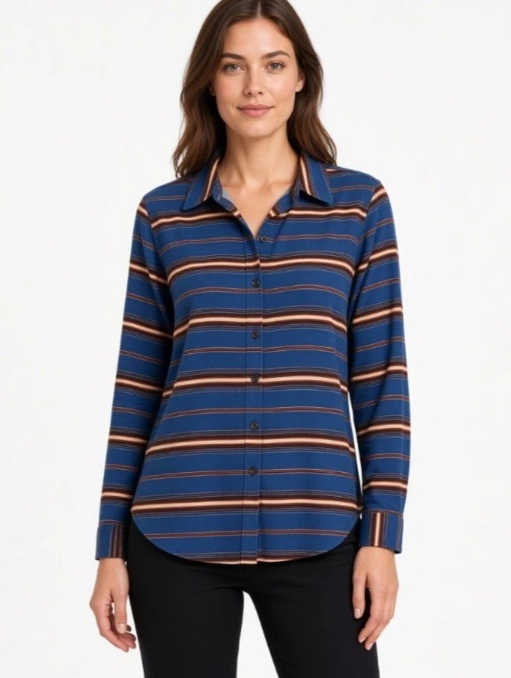 LuLaRoe Valentina Button Up Shirt M Blue Terracotta Striped Roll Tab Blouse NWT
